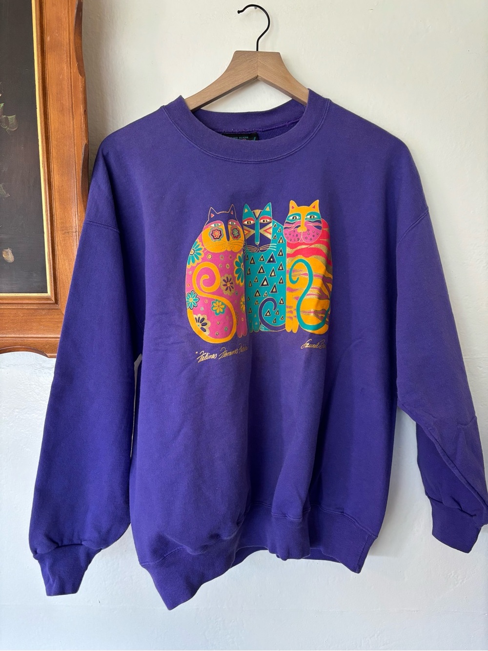 Vintage Stafford Blaine Purple Sweatshirt with Colorful Trio Cat Graphic